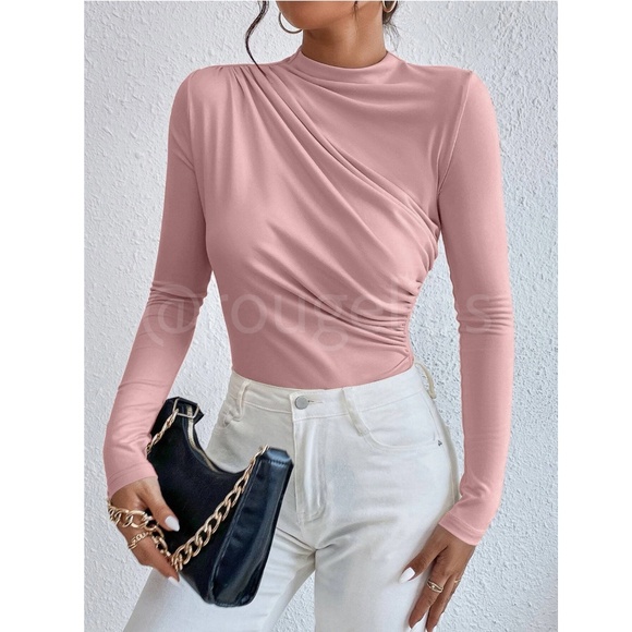 Ruched Asymmetric Pink Long Sleeve Bodysuit Slim Fit Stretchy - Picture 2 of 8